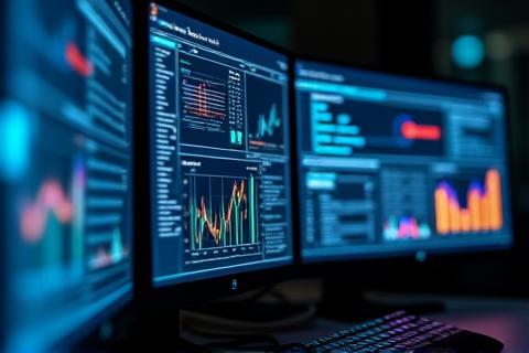 Visualization of business data on multiple screens, representing data analytics and reporting.