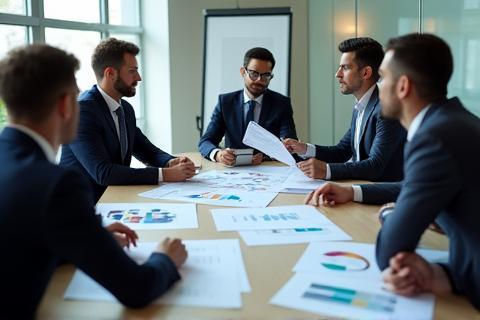 Professionals reviewing charts and discussing strategy around a table, representing IT strategy consulting.